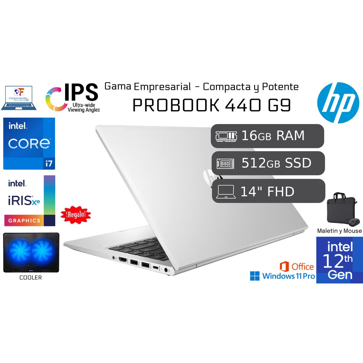 HP - HP ProBook 440 G9 i7-1255U 16GB RAM 512GB SSD 14" IPS Reacondicionada 1 Año Garantía + COOLER