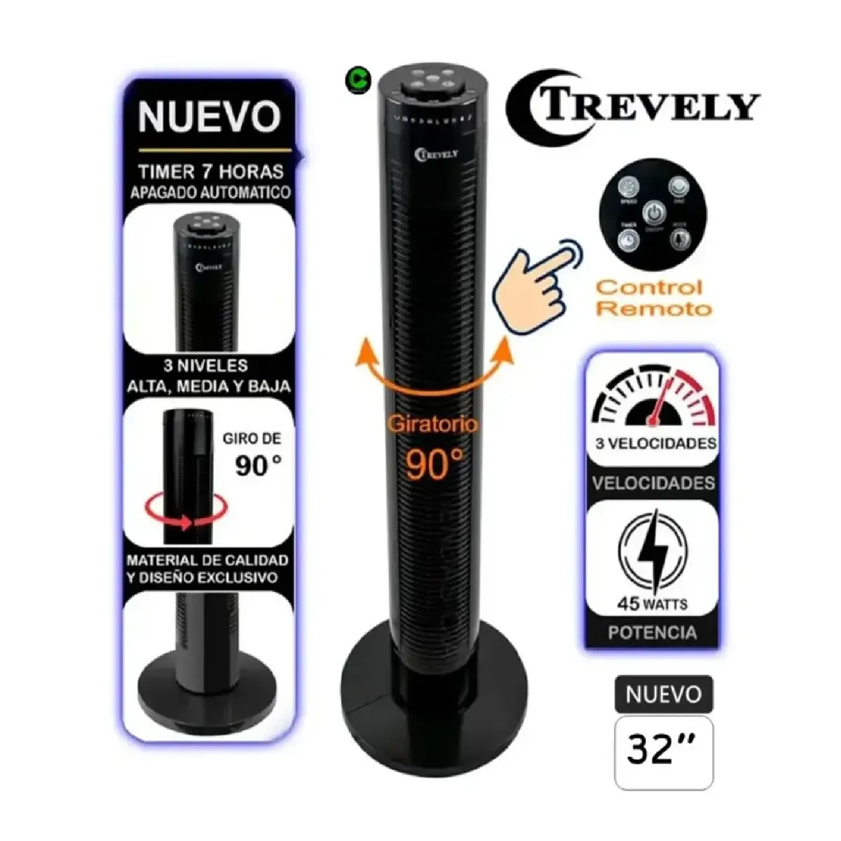 TREVELY - Ventilador Torre TREVELY VT-145 32” con Control Remoto - Negro