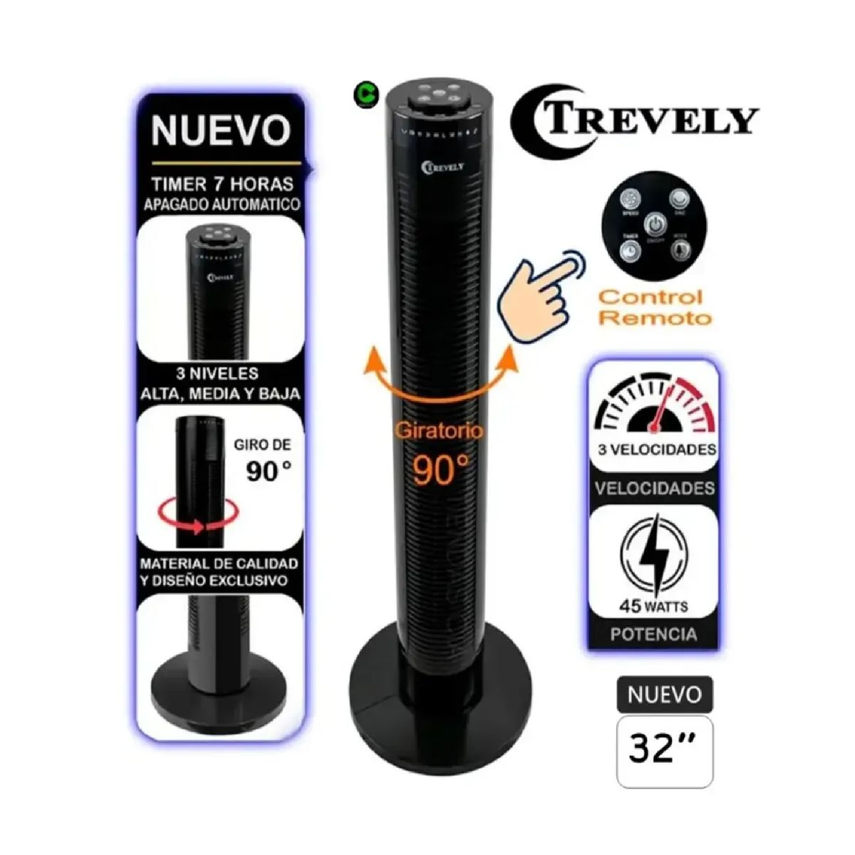 TREVELY - Ventilador Torre TREVELY VT-145 32” con Control Remoto - Negro