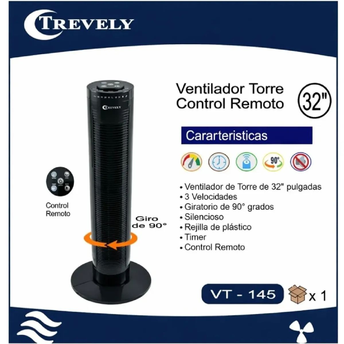 TREVELY - Ventilador Torre TREVELY VT-145 32” con Control Remoto - Negro