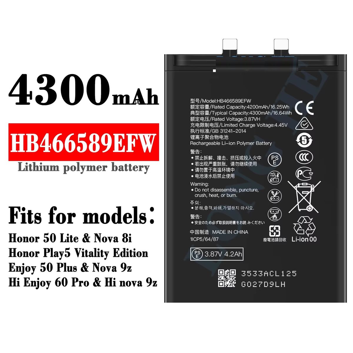 BATERÍA HONOR 50 LITE - NOVA 8i HB466589EFW  NUEVO - NEGRO, marca GENERICO - Foto Principal