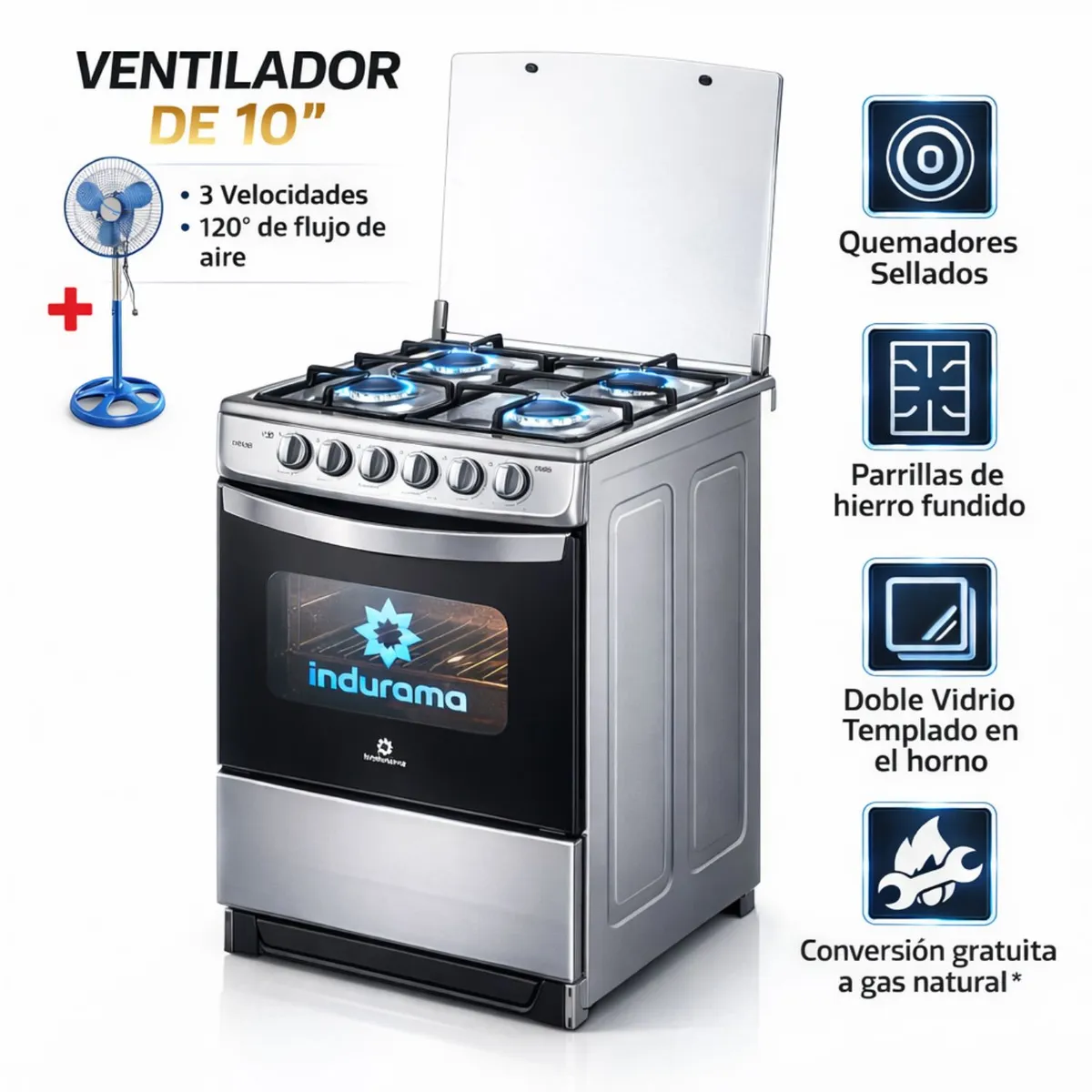 INDURAMA - Cocina Indurama Coruña  De 4 Hornillas Gris + Ventilador