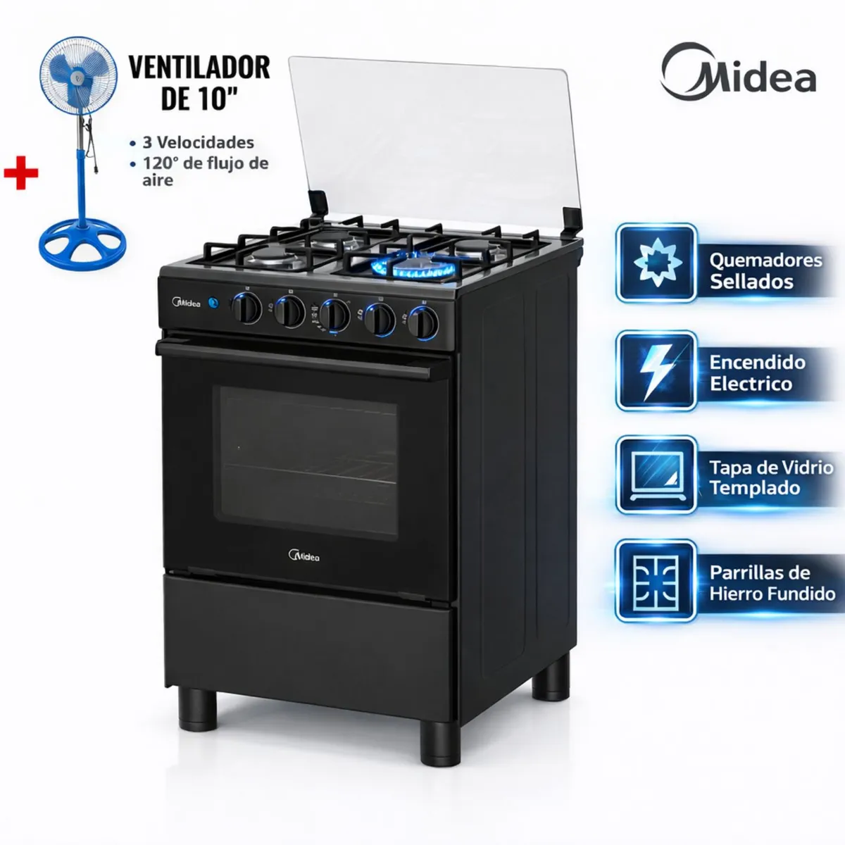COCINA MIDEA MGS24FS2LFABBC-PE 4 HORNILLAS NEGRO + VENTILADOR, marca Midea - Foto Principal
