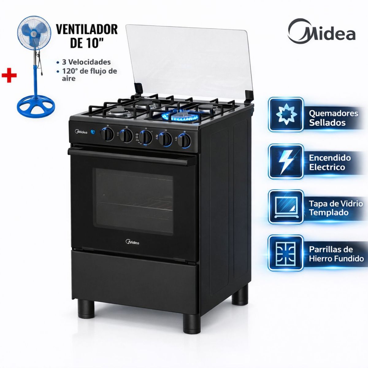 COCINA MIDEA MGS24FS2LFABBC-PE 4 HORNILLAS NEGRO + VENTILADOR, marca Midea - Foto Principal