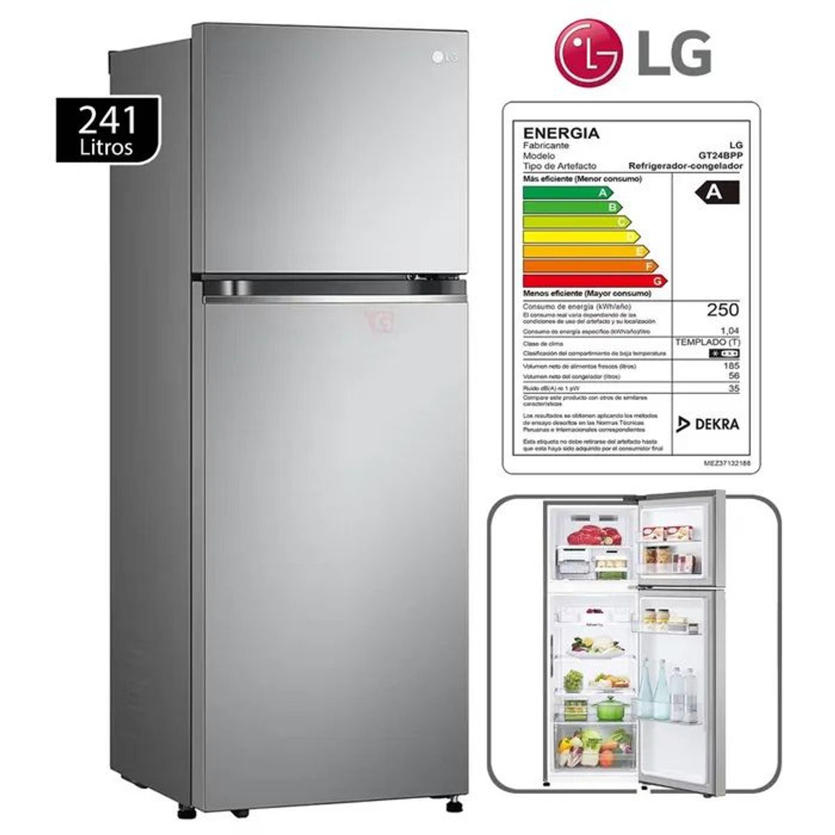 LG - Refrigeradora LG Top Freezer GT24BPP No Frost 241L