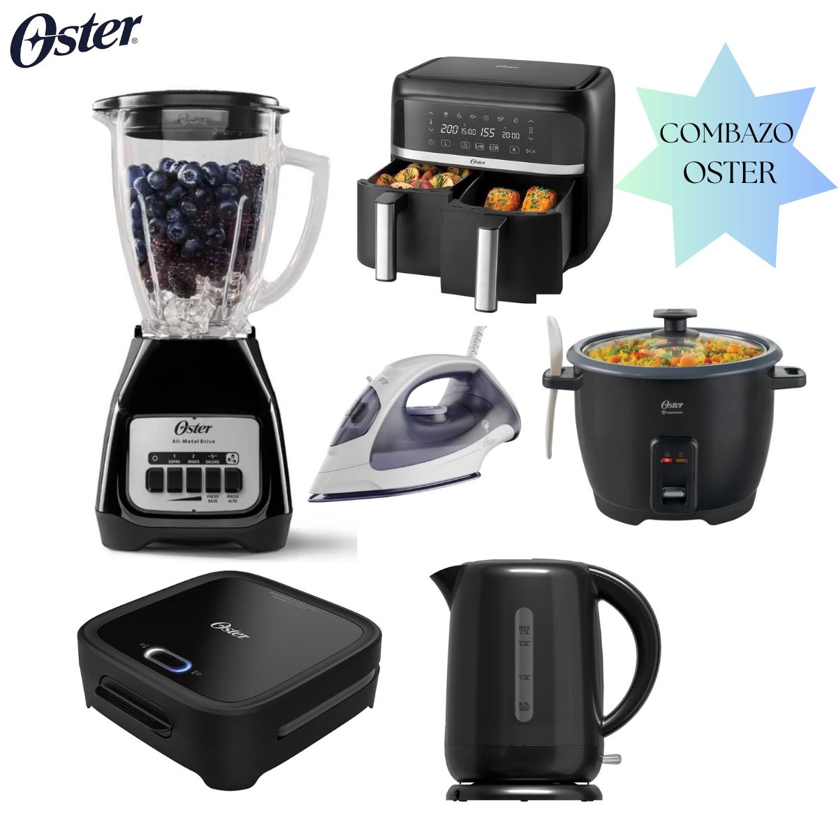 OSTER - COMBO OSTER LICUADORA + FREIDORA DUAL 7.6L + ARROCERA + SANDWICHERA + HERVIDOR + PLANCHA