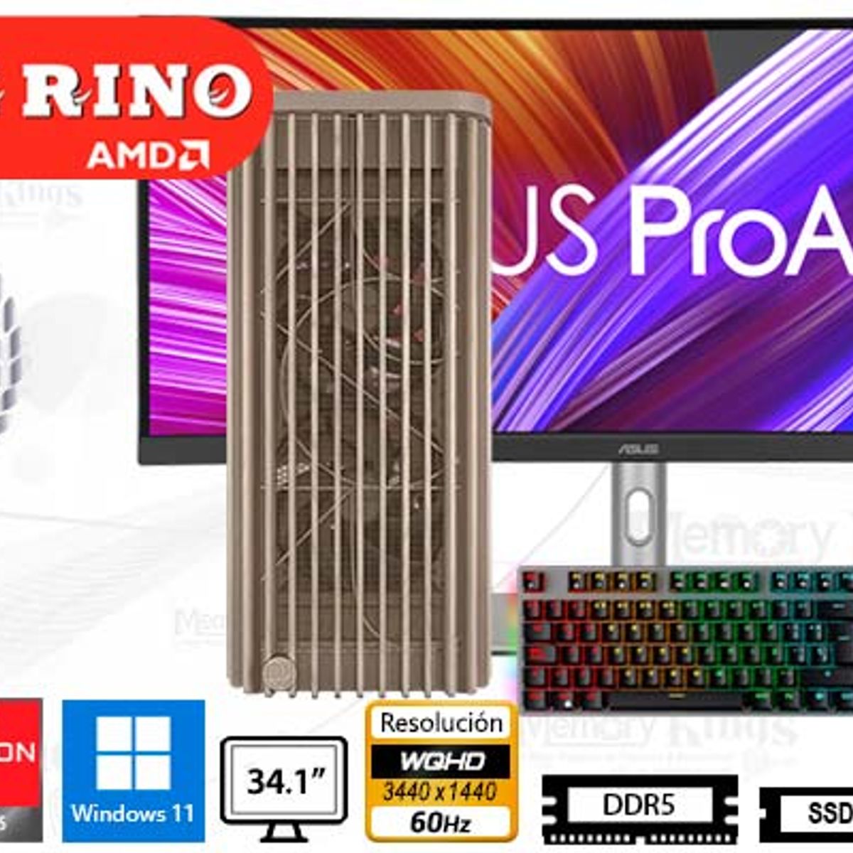 AMD - Computadora Ryzen 7 7700X ProArt Wood Beige 16GB 2TB 34.1 Radeon RX 9060 XT Windows 11