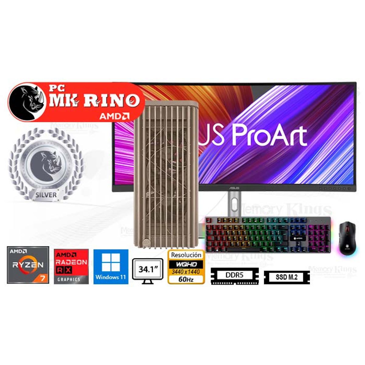 AMD - Computadora Ryzen 7 7700X ProArt Wood Beige 16GB 2TB 34.1 Radeon RX 9060 XT Windows 11