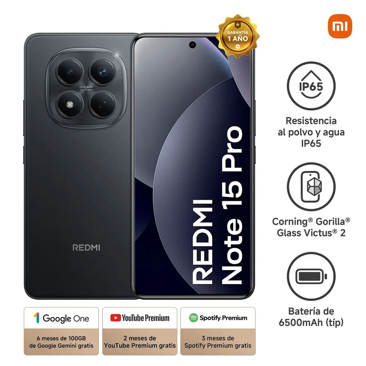 XIAOMI - Celular Redmi Note 15 Pro 16GB RAM (8GB+ 8GB EXT)+ 256GB CAMARA De 200P AI Batería de 6500 mAh BLACK