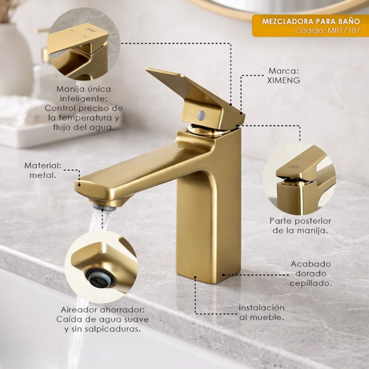 XM - MEZCLADORA MONOCOMANDO DE LAVATORIO  BAJO  DORADO CEPILLADO M817107