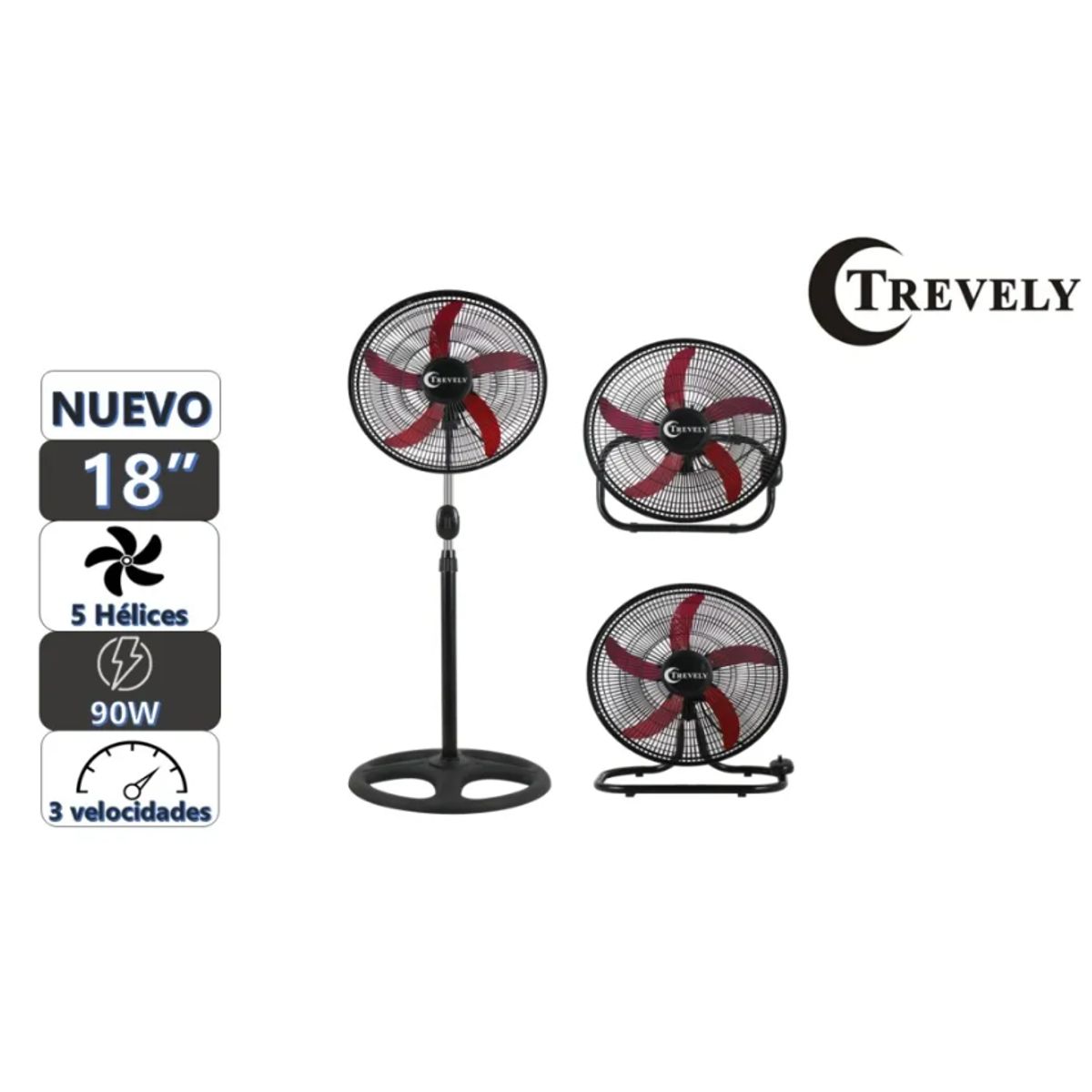 TREVELY - Ventilador 3 en 1 18" TREVELY VT-1832 - 90W - Rojo