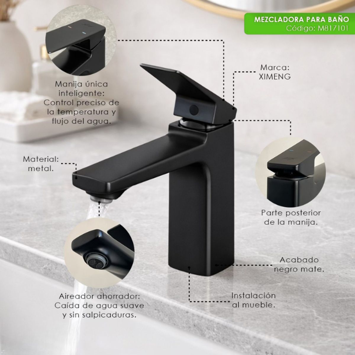 XM - MEZCLADORA MONOCOMANDO DE LAVATORIO  BAJO NEGRO M817101