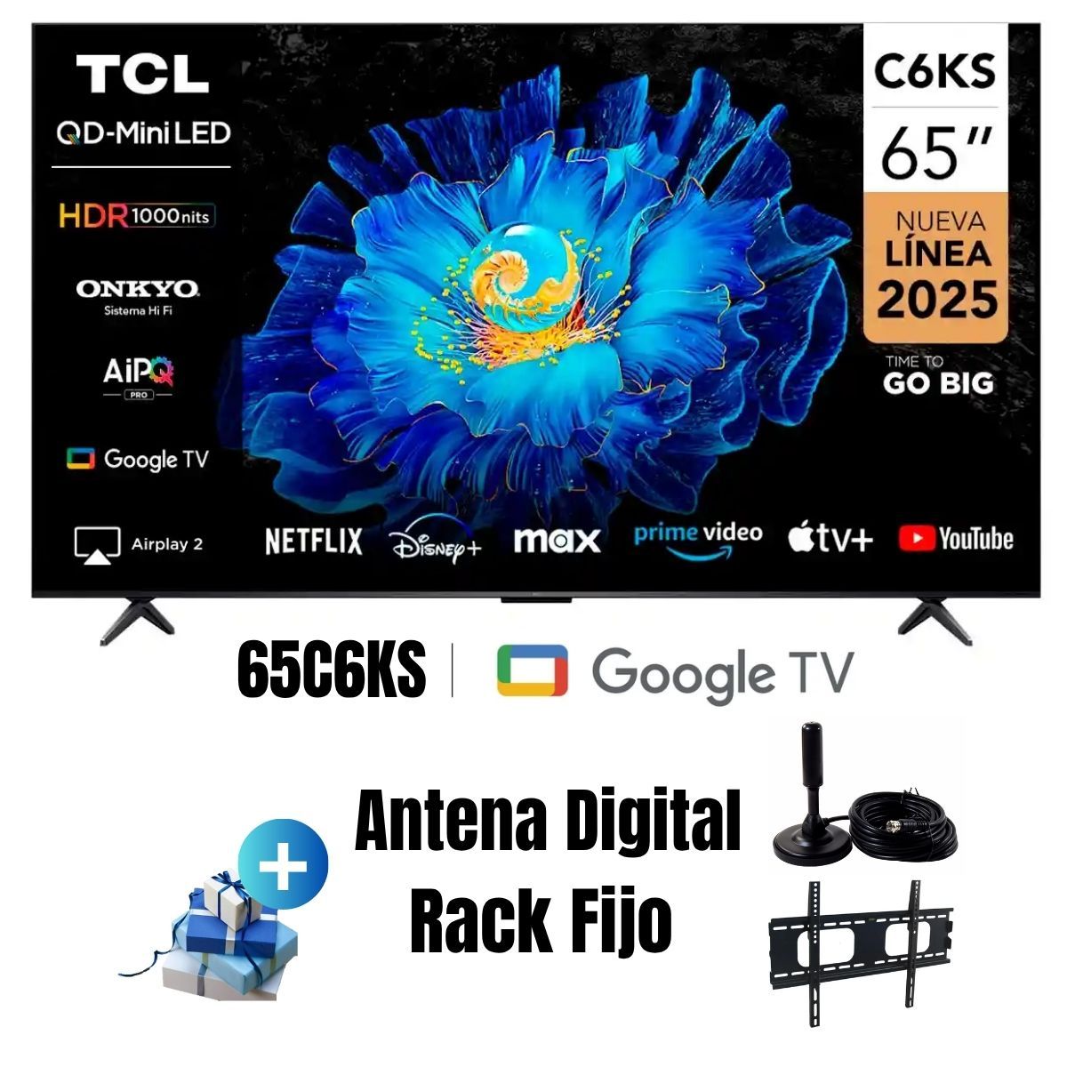 TCL - Televisor TCL 65 QD MINI LED 4K UHD Google TV 65C6KS 2025 Ant + Rack Fijo