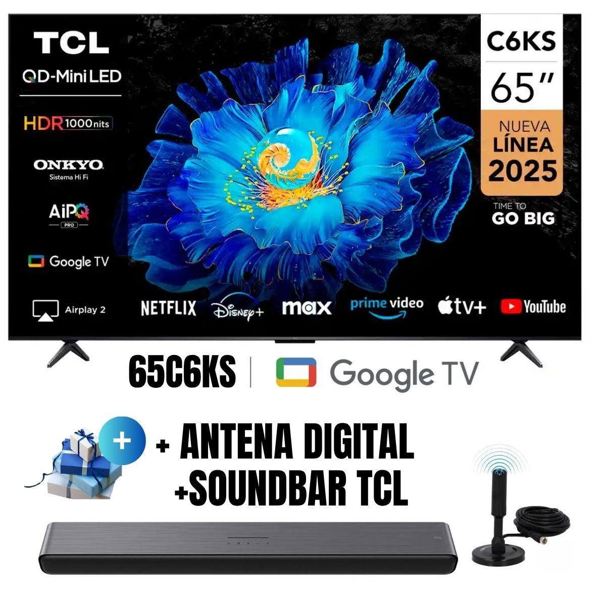 TCL - Televisor TCL 65 QD MINI LED 4K UHD Google TV 65C6KS 2025 + Soundbar TCL + Ant