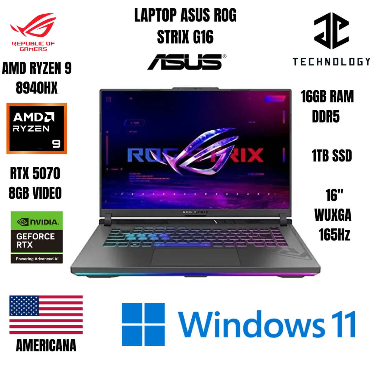 ASUS - LAPTOP ASUS ROG STRIX G16 AMD RYZEN 9 8940HX / 16GB RAM DDR5 / 1TB SSD / RTX 5070 8GB VIDEO
