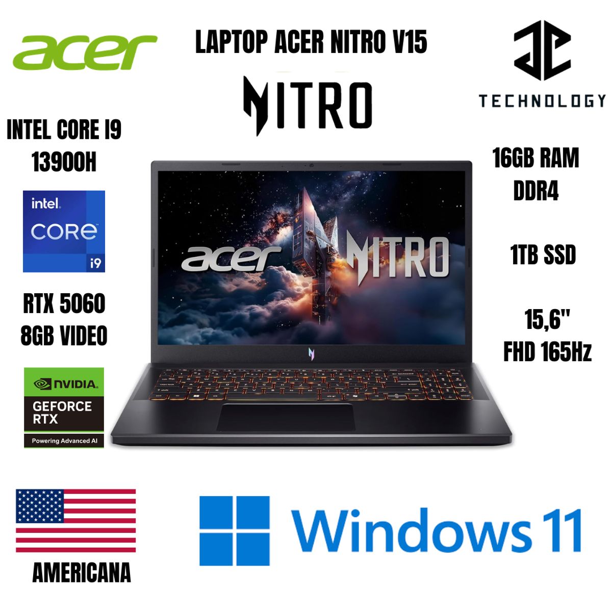 ACER - LAPTOP ACER NITRO V15 I9 13900H / 16GB RAM DDR4 / 1TB SSD / RTX 5060 8GB VIDEO