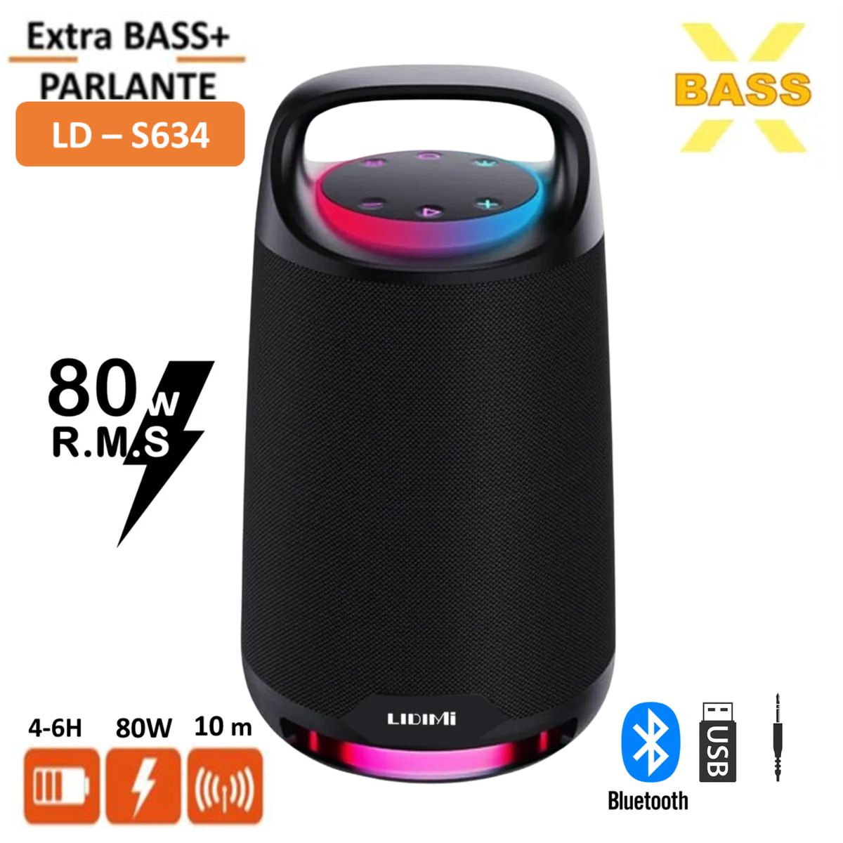 LIDIMI - Parlante Portátil Lidimi 80W LD-S634  Extra BASS  Bluetooth  FM-USB