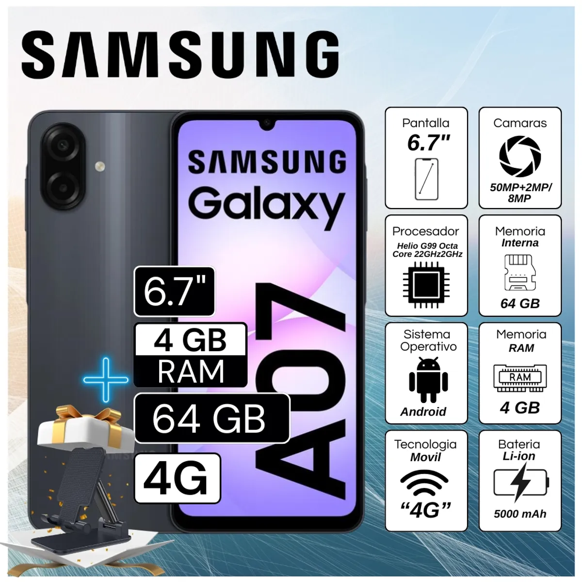 SAMSUNG - Celular Samsung Galaxy A07 4GB RAM 64GB 6.7"  Pulg . HD Android 14 + Regalo