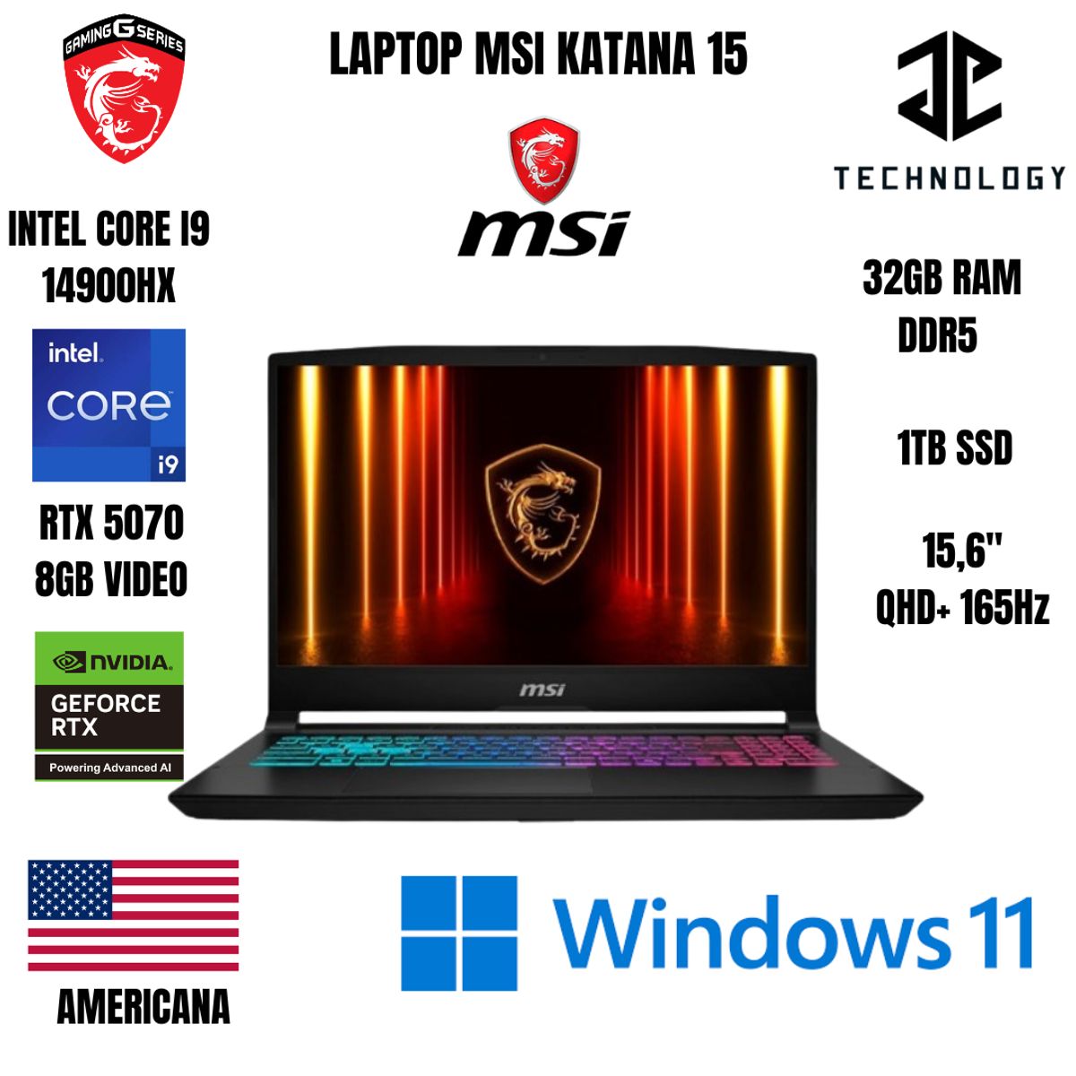 MSI - LAPTOP MSI KATANA 15 INTEL CORE I9 14900HX / 32GB RAM DDR5 / 1TB SSD / RTX 5070 8GB VIDEO