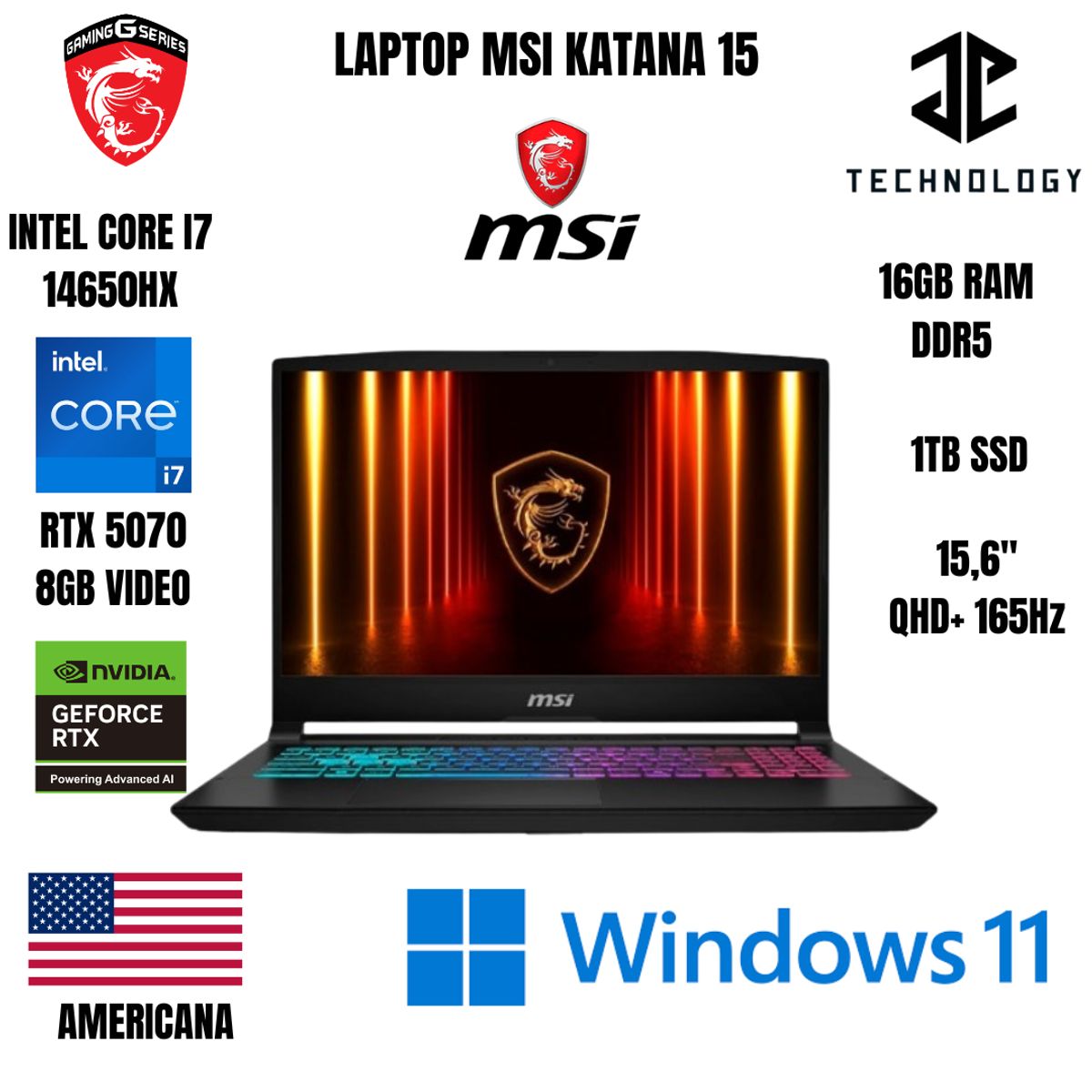 MSI - LAPTOP MSI KATANA 15 INTEL CORE I7 14650HX / 16GB RAM DDR5 / 1TB SSD / RTX 5070 8GB VIDEO
