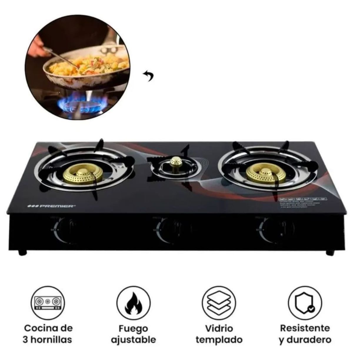 GENERICO - Cocina Gas 3 Hornillas Alta Potencia Vidrio Negro Parrillas Resistentes Compacta Funcional Portátil