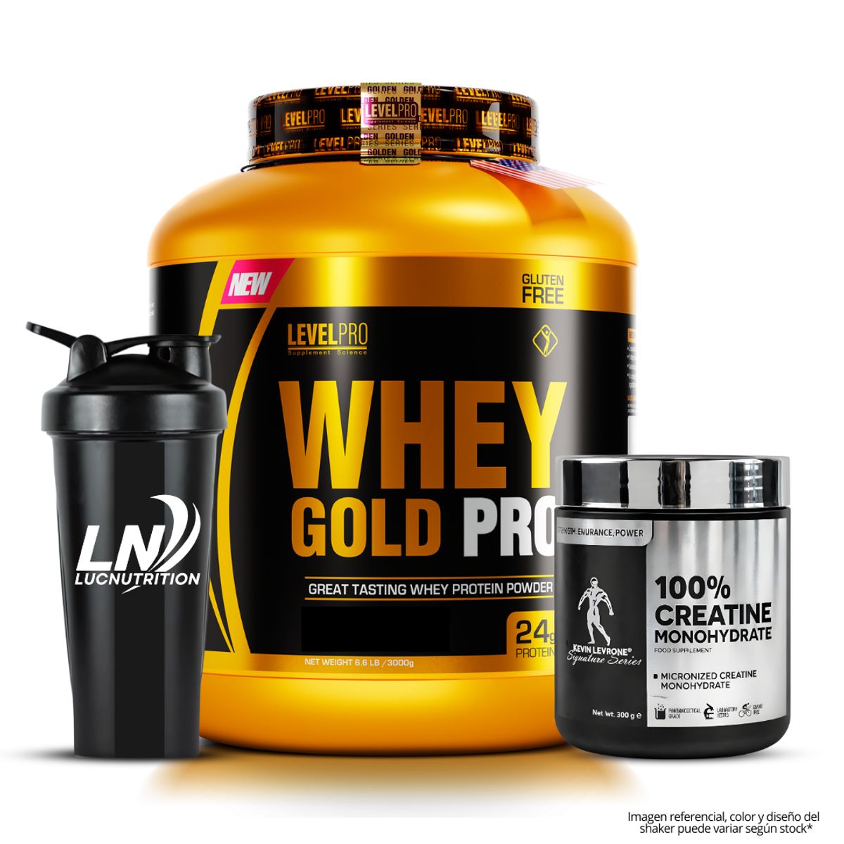 LEVEL PRO - Whey Gold Pro 3 kg Proteina Whey - Chocolate + Creatina Kevin Levrone 300 G + Shaker