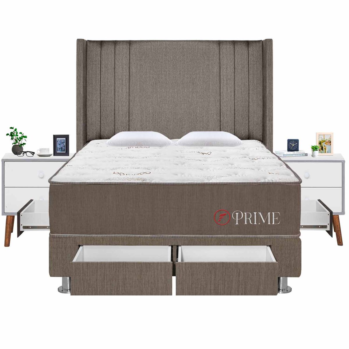 FORLI - Dormitorio 4 Cajones Deluxe Prime Marrón King + 02 Veladores