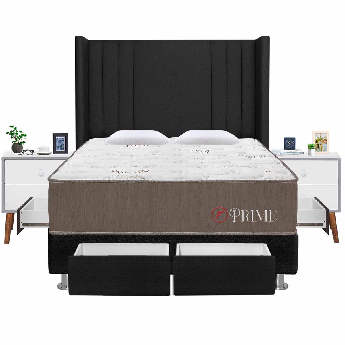 FORLI - Dormitorio 4 Cajones Deluxe Prime Gris King + 02 Veladores
