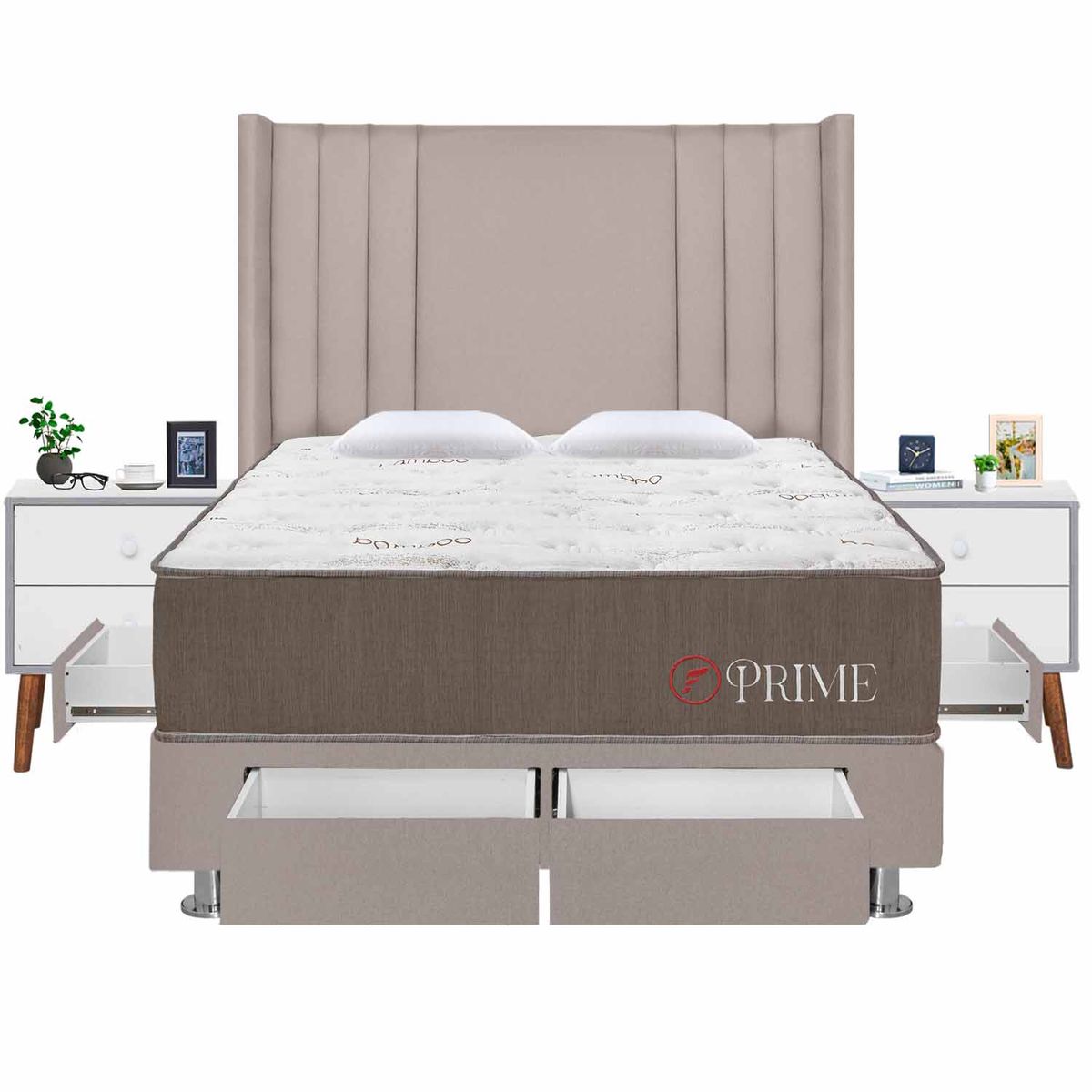 FORLI - Dormitorio 4 Cajones Deluxe Prime Beige King + 02 Veladores