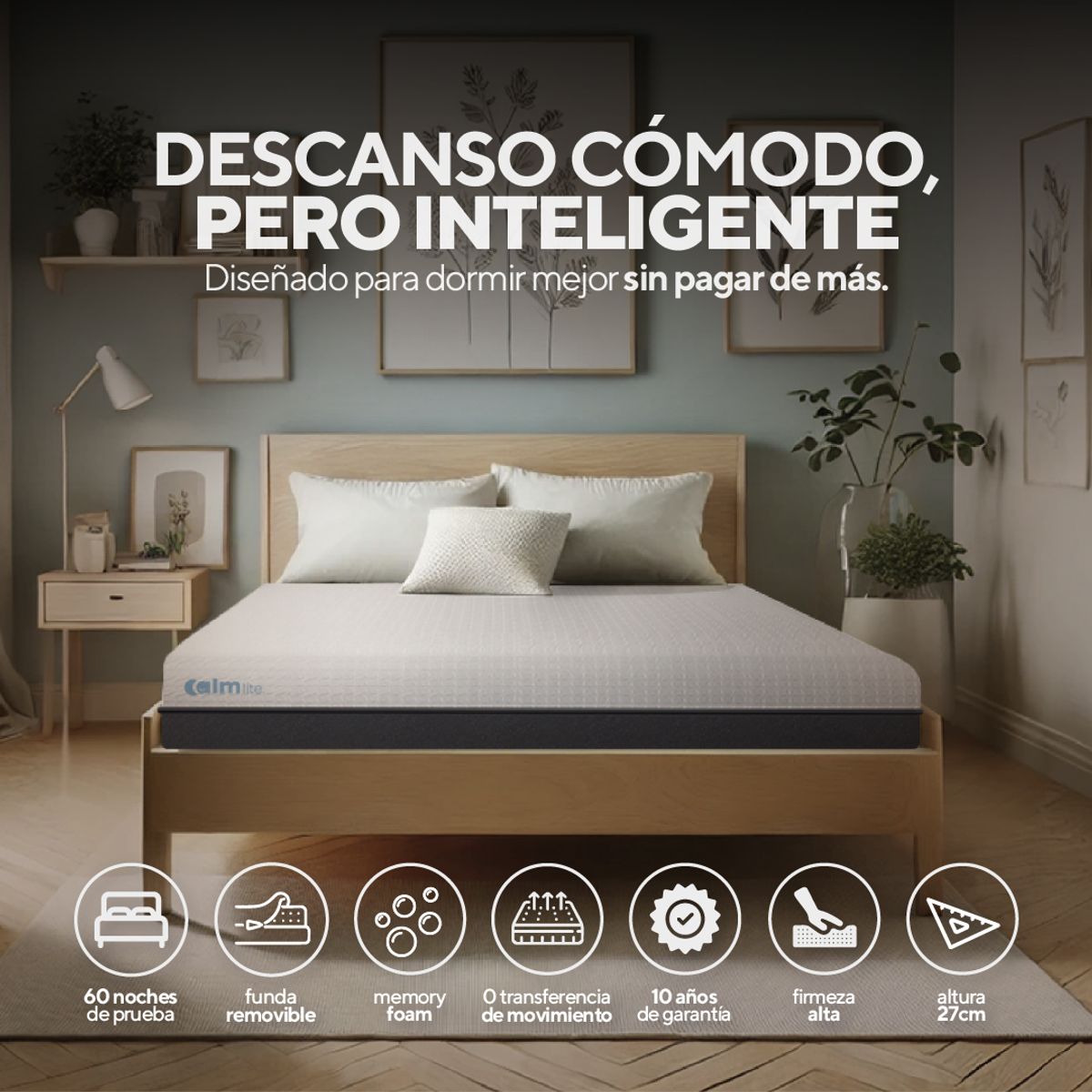 CALM - Pack Colchón Lite de Memory Foam 1.5 Plz + 1 Almohada Calm Memory Pro