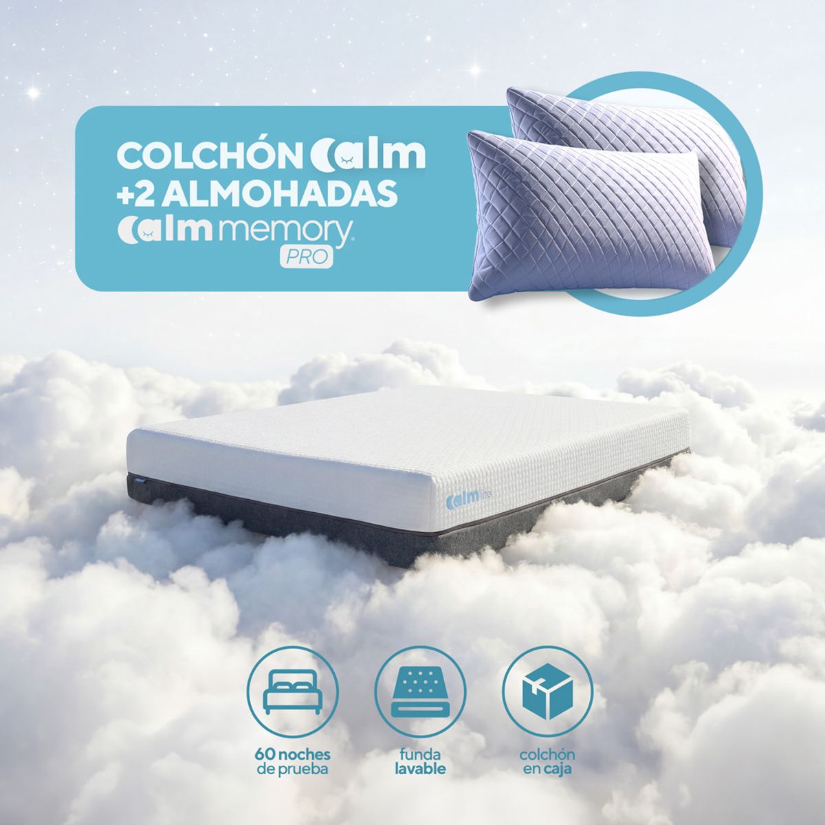 CALM - Pack Colchón Lite de Memory Foam 2 Plazas + 2 Almohadas Calm Memory Pro