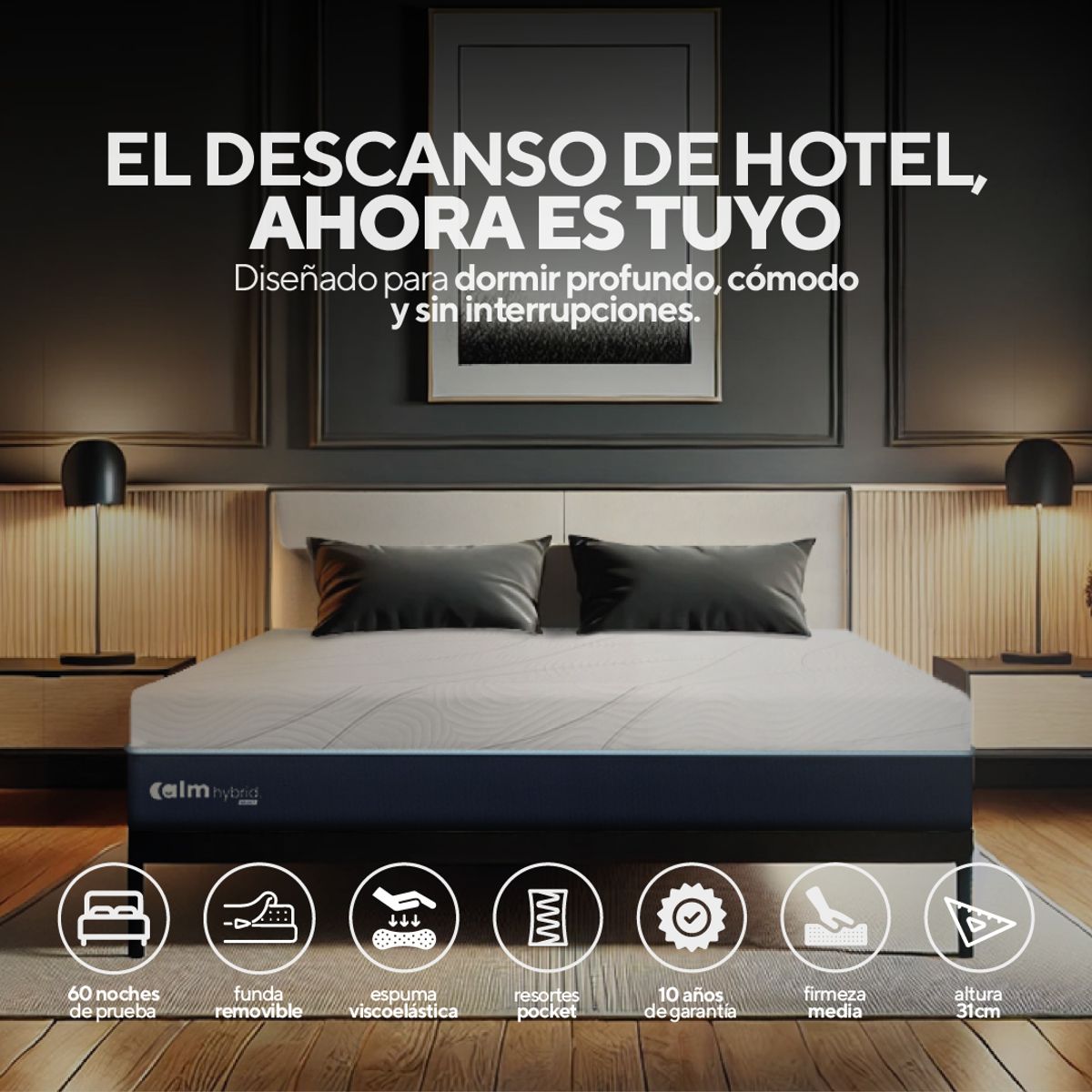 CALM - Pack Colchón Hybrid de Memory Foam 2 Plz + 2 Almohada Calm Memory Pro