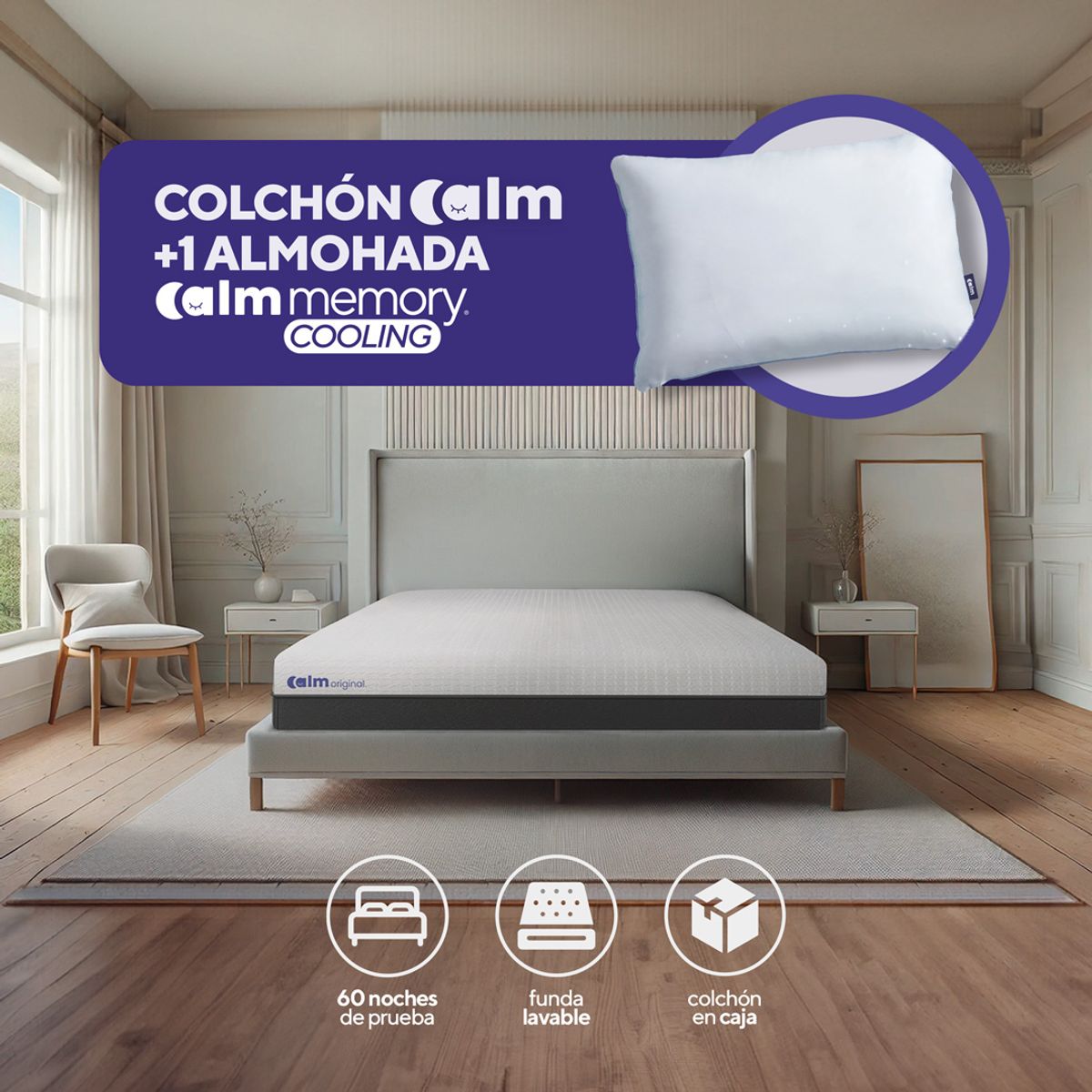 CALM - Pack Colchón Original de Memory Foam 1.5 Plazas + 1 Almohada Calm Memory Cooling
