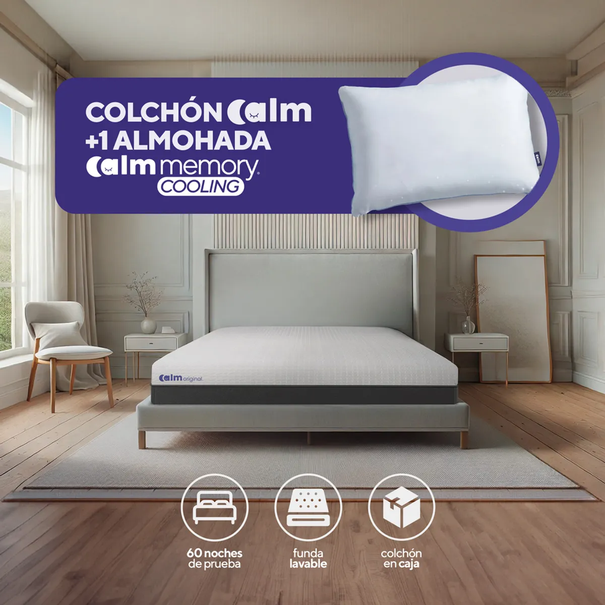 CALM - Pack Colchón Original de Memory Foam 1.5 Plazas + 1 Almohada Calm Memory Cooling