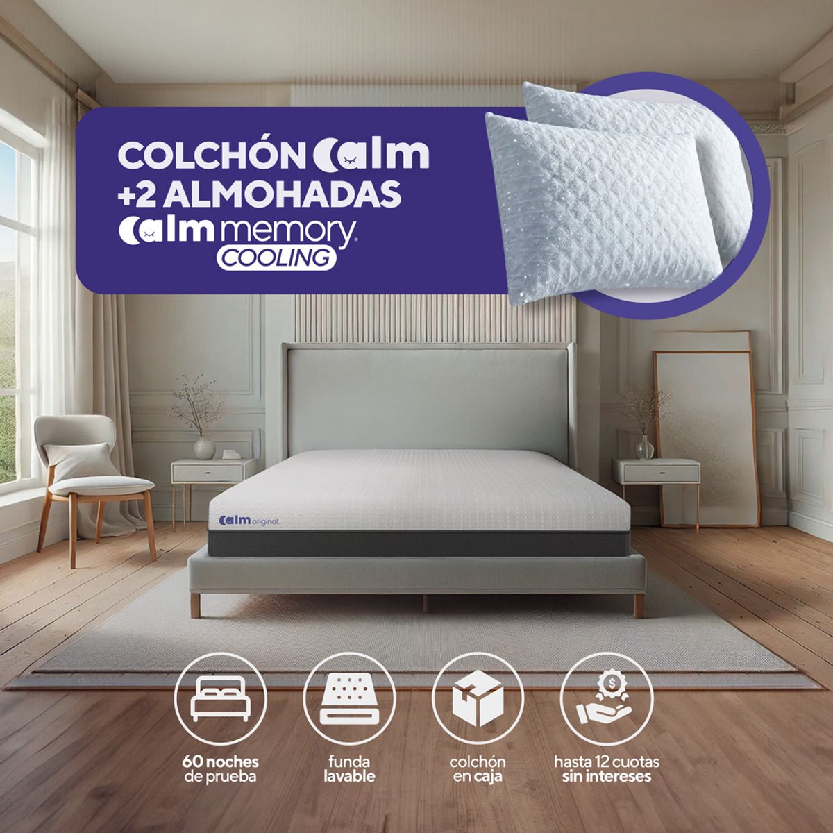 CALM - Pack Colchón Original de Memory Foam 2 Plazas + 2 Almohadas Calm Memory Cooling