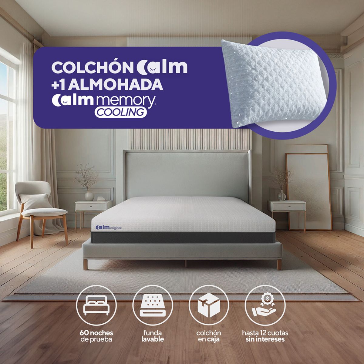 CALM - Pack Colchón Lite de Memory Foam 1.5 Plz + 1 Almohada Calm Memory Cooling