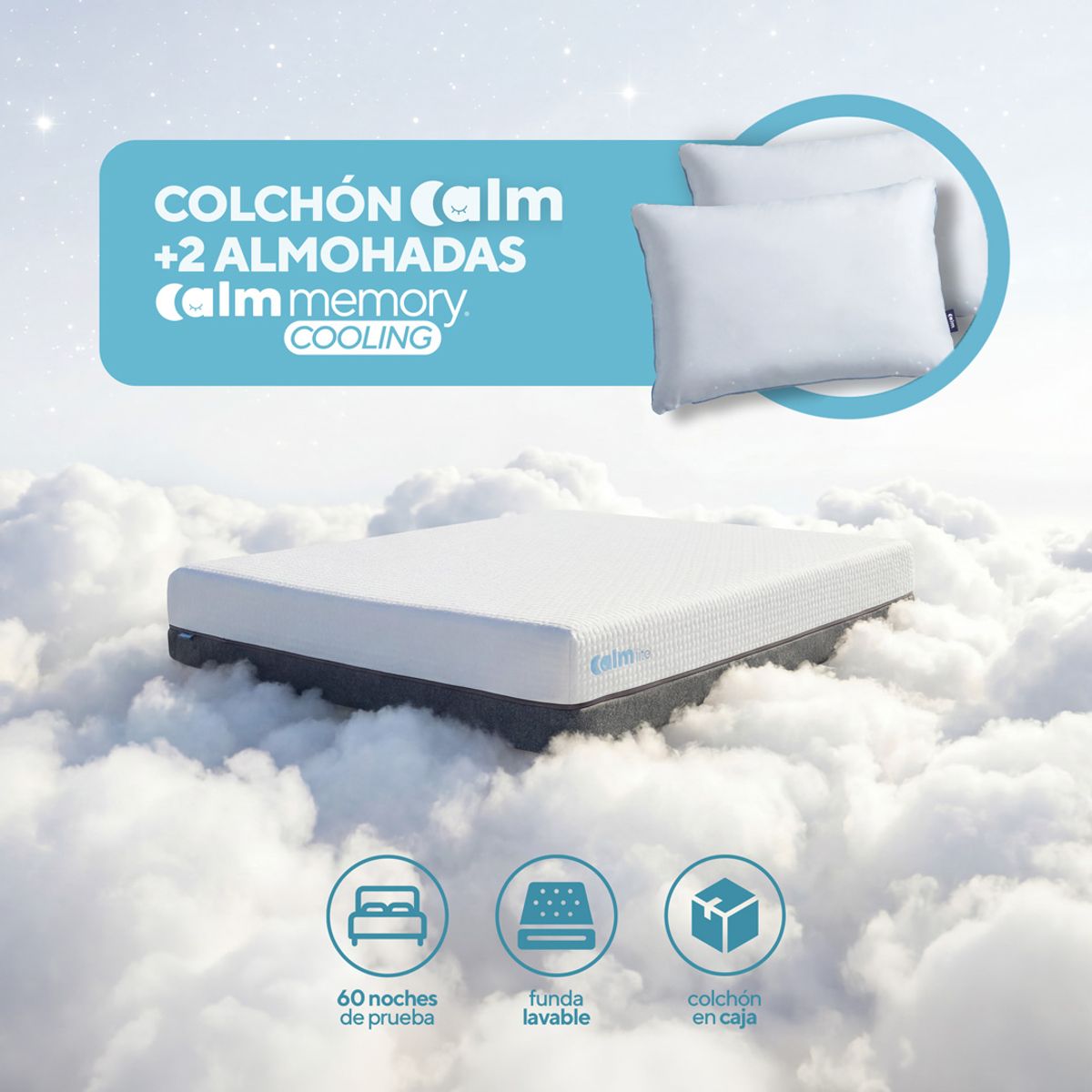 CALM - Pack Colchón Lite de Memory Foam 2 Plazas + 2 Almohada Calm Memory Cooling