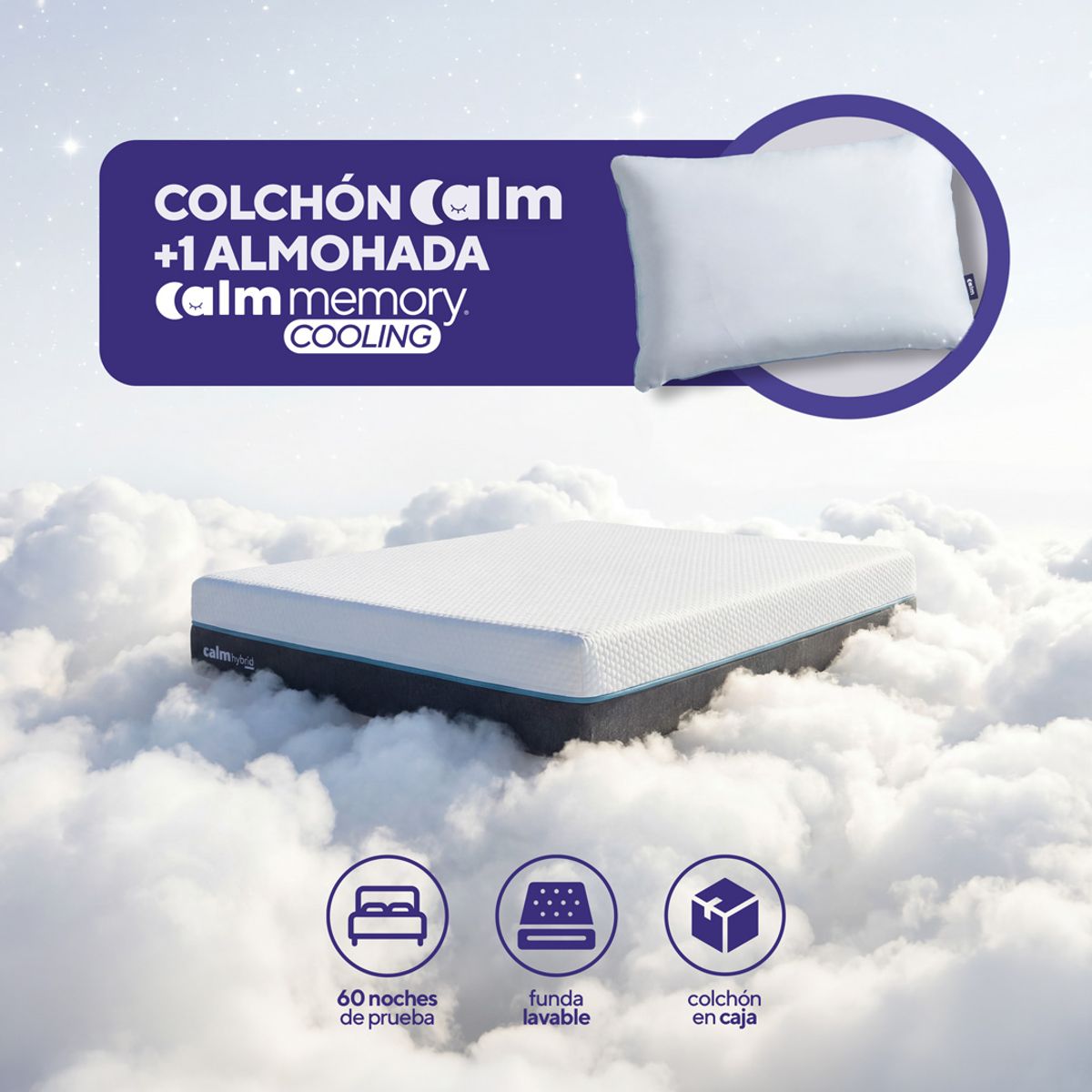 CALM - Pack Colchón Hybrid de Memory Foam 1.5 PLz + 1 Almohada Calm Memory Cooling