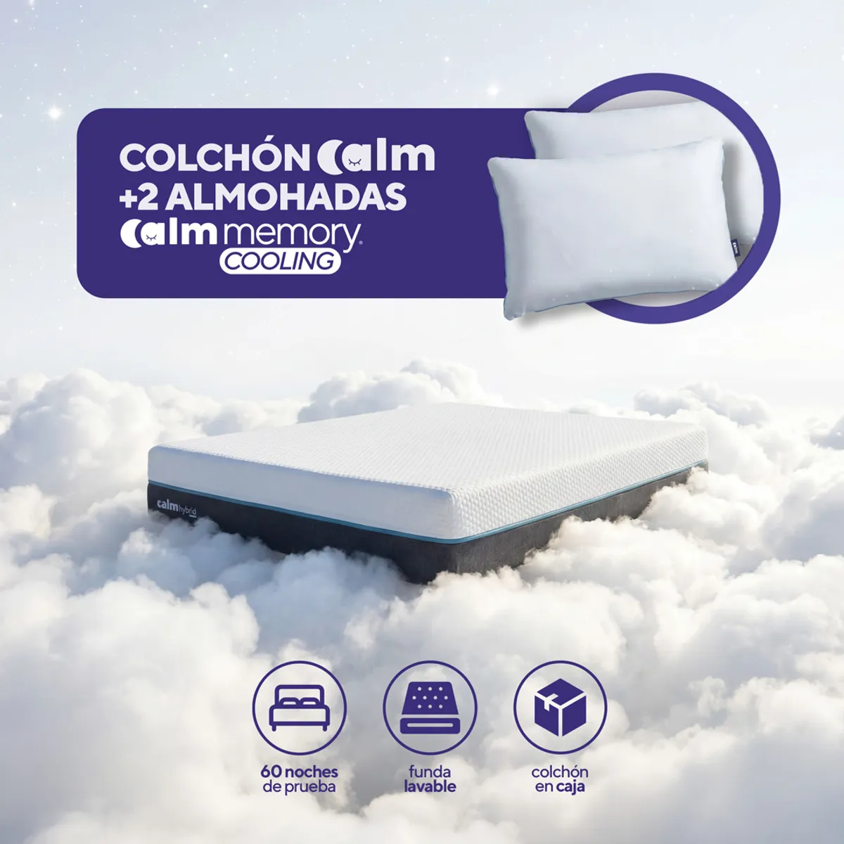 CALM - Pack Colchón Hybrid de Memory Foam Queen + 2 Almohadas Calm Memory Cooling