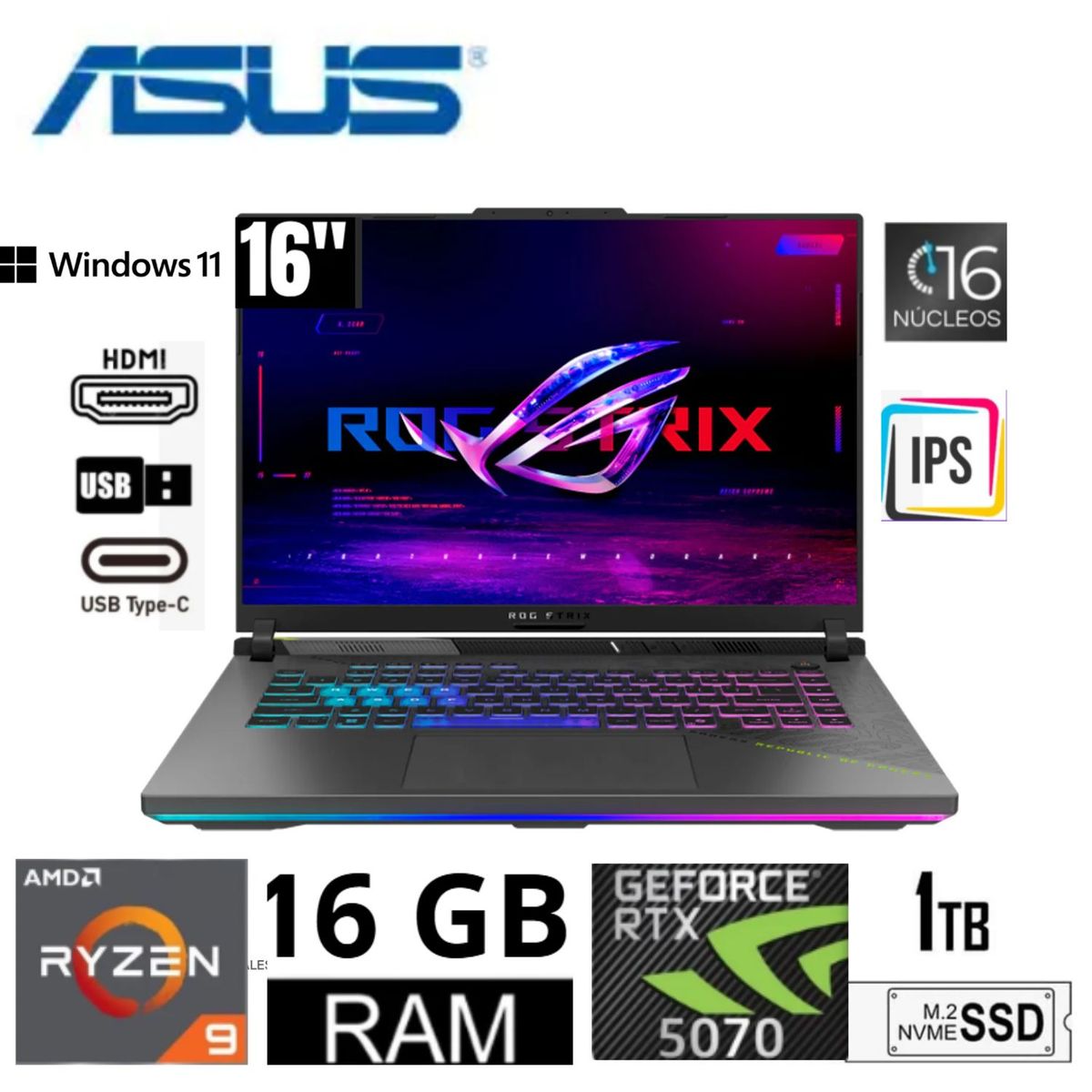 ASUS - Laptop Gamer Asus ROG STRIX G16 Ryzen 9-8940HX 16GB RAM 1TB SSD RTX5070-8GB 16FHD+ 165HZ G614P-WH94