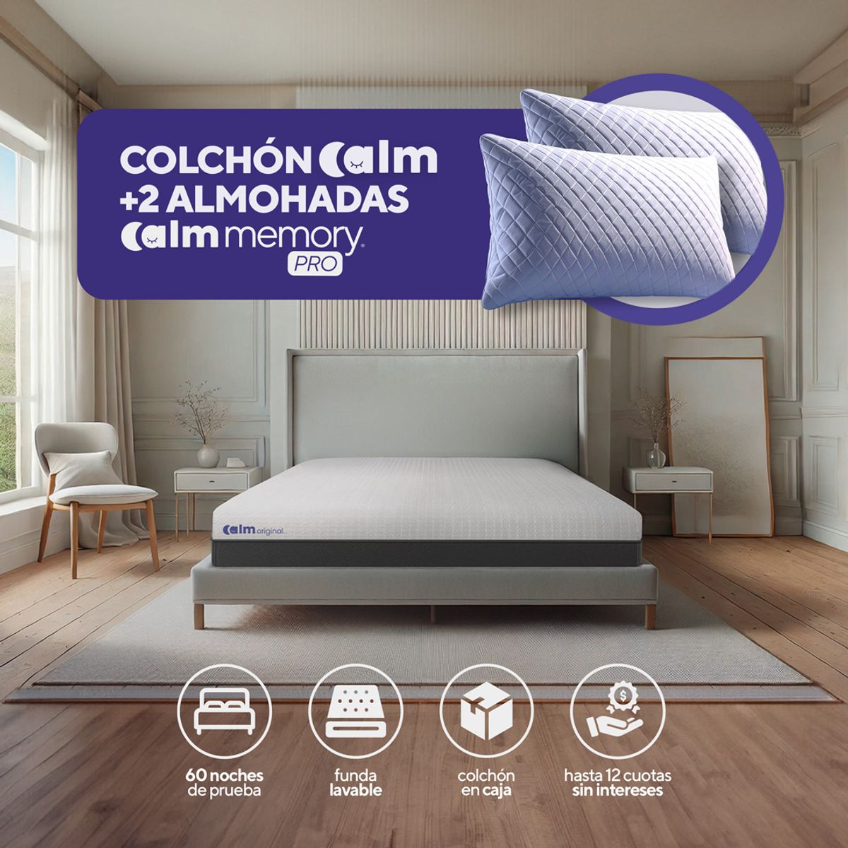 CALM - Pack Colchón Original de Memory Foam 2 Plazas + 2 Almohadas Calm Memory Pro