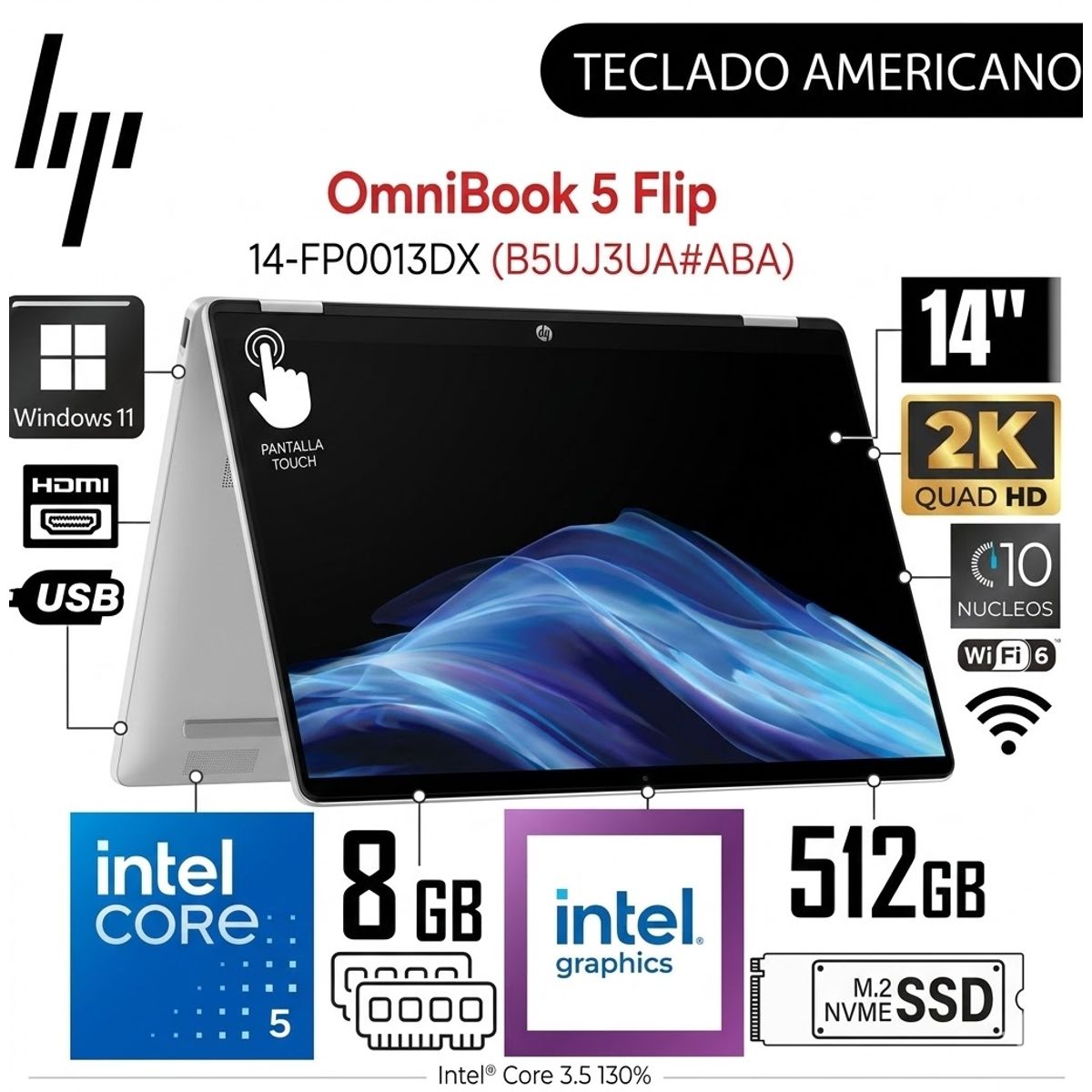 HP - Laptop HP OmniBook 5 Flip 14-FP0013 14 Touch FHD Intel Core 5 120U 8GB 512GB SSD USB-C W11