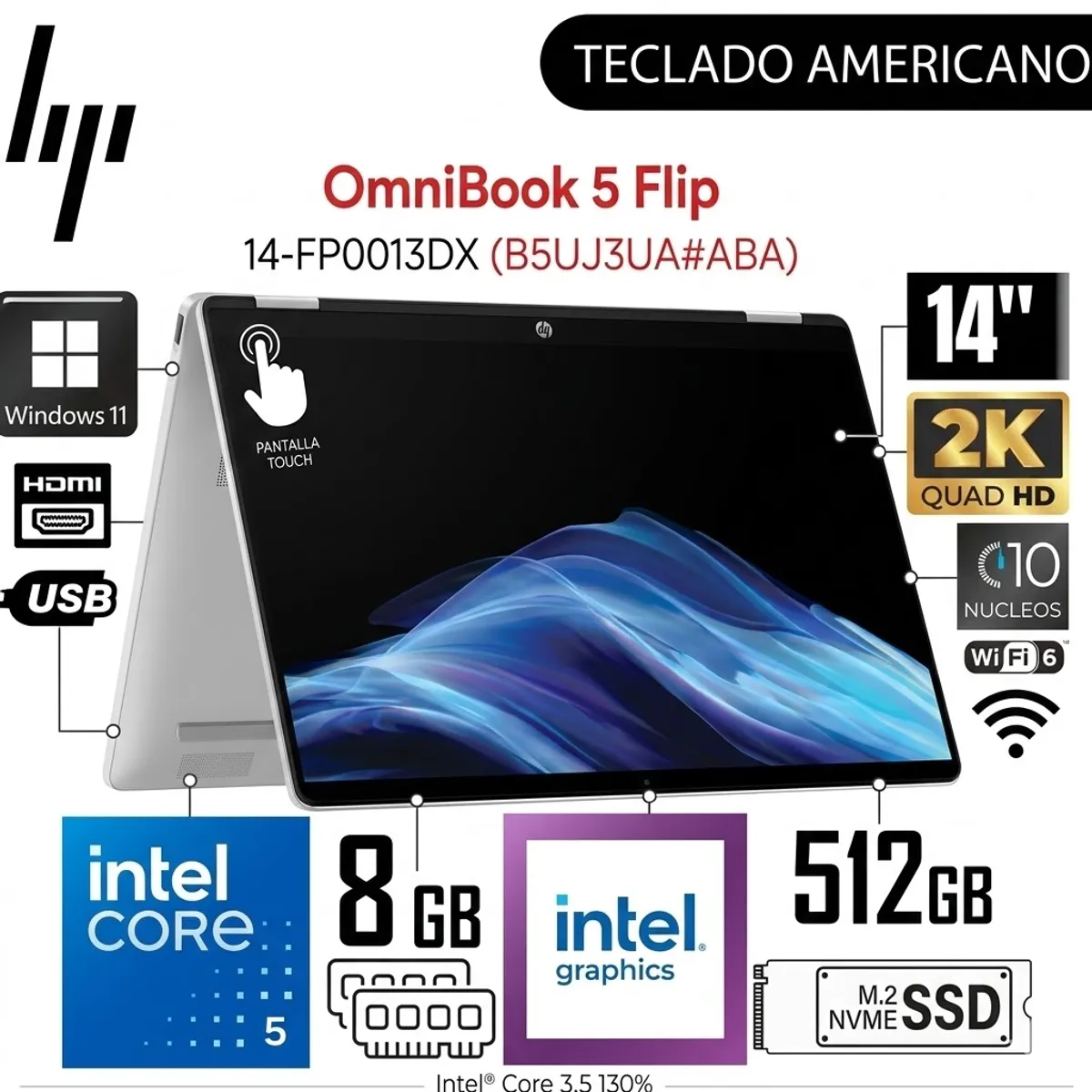 HP - Laptop TACTIL HP X360 14' FHD Intel Core 5 120U 8GB 512GB SSD USB C W11 ULTRA VELOZ