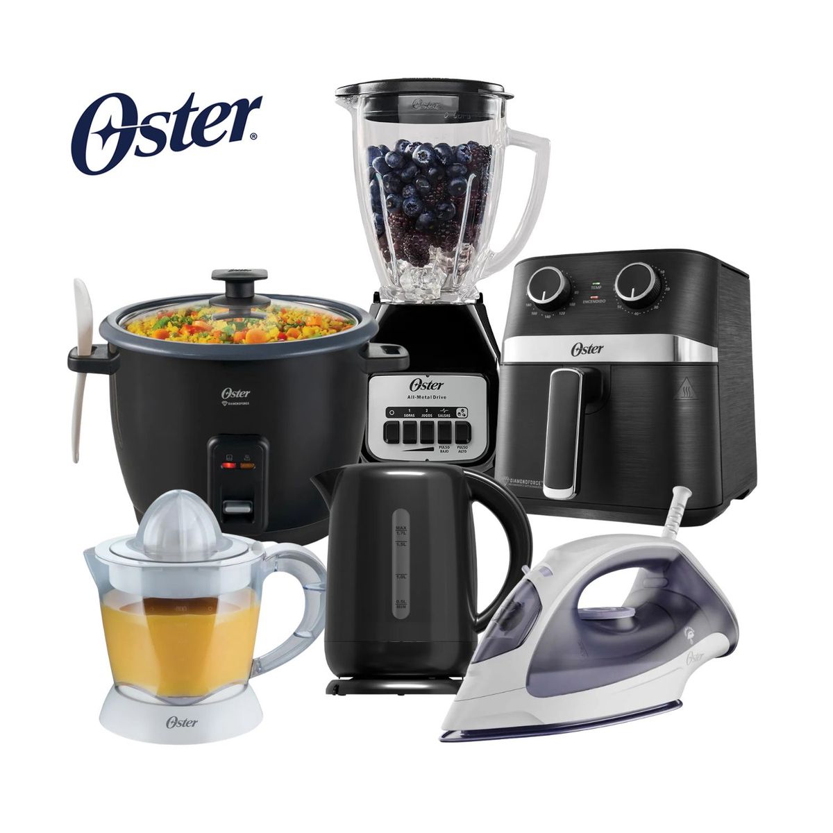 OSTER - Combo Oster Licuadora + Olla Arrocera 1.8 LT + Freidora + Hervidor + Plancha + Citrico
