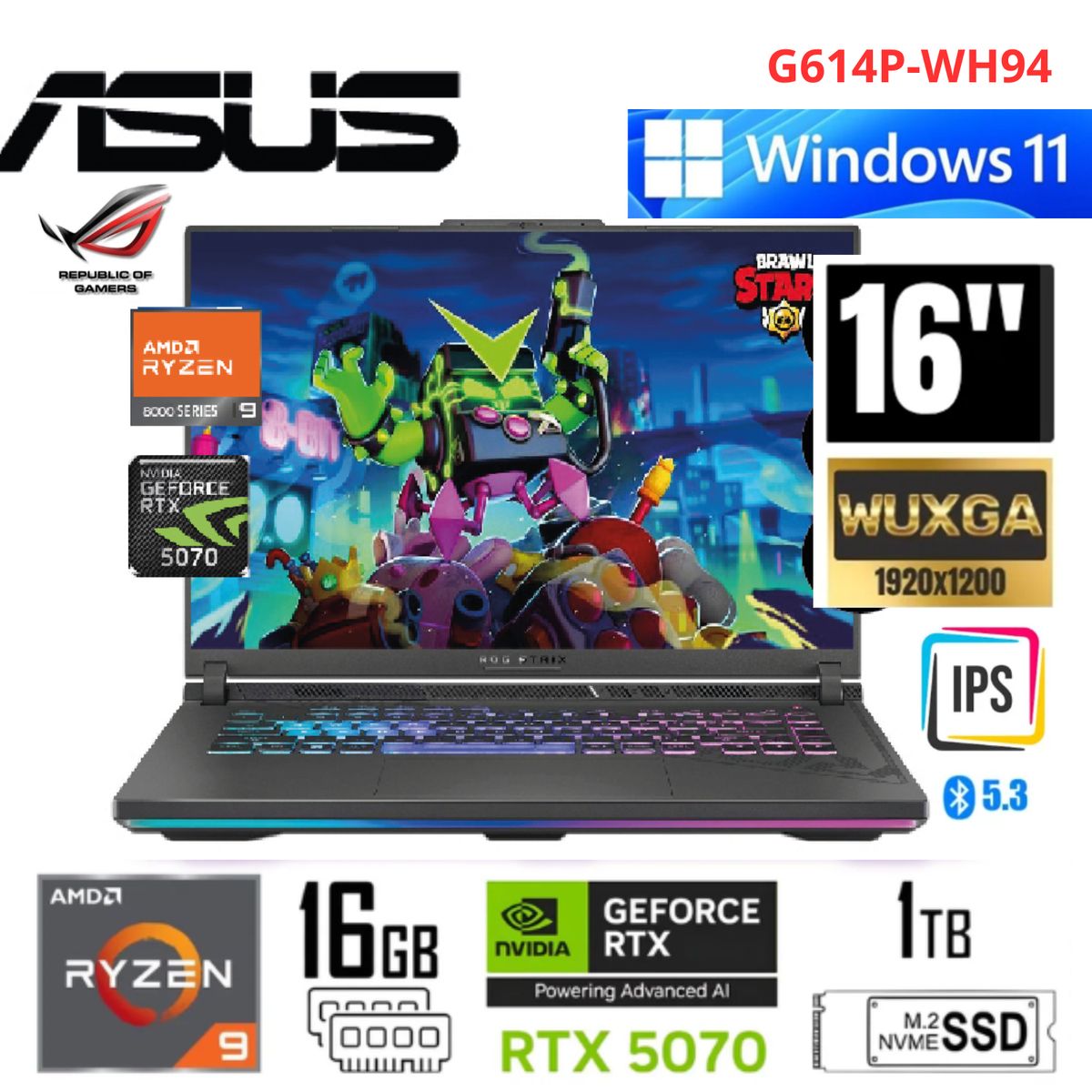 ASUS - Laptop Gamer Asus ROG STRIX G16 Ryzen 9-8940HX 16GB RAM 1TB SSD RTX5070-8GB 16FHD+ 165HZ G614P-WH94