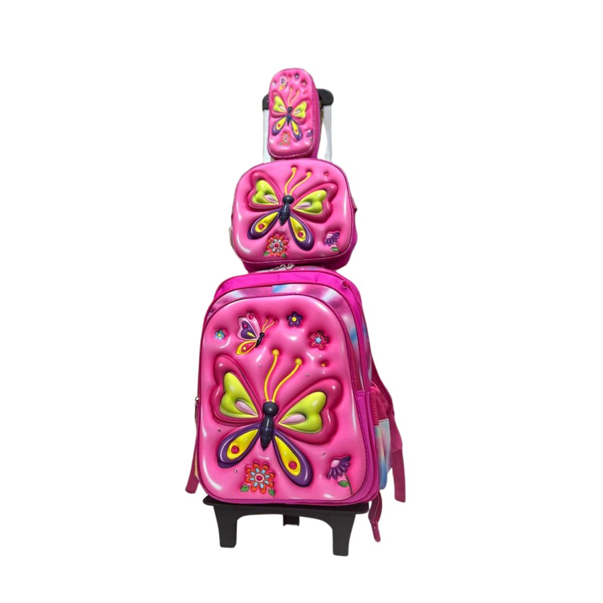 GENERICO - SET MOCHILA LUCES RUEDA 3D MARIPOSA- MOCHILA - LONCHERA Y CARTUCHERA