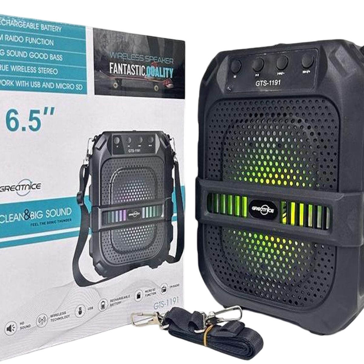 GENERICO - Parlante Bluetooth GTS-1191 De 6.5 Pulgadas Portátil Negro