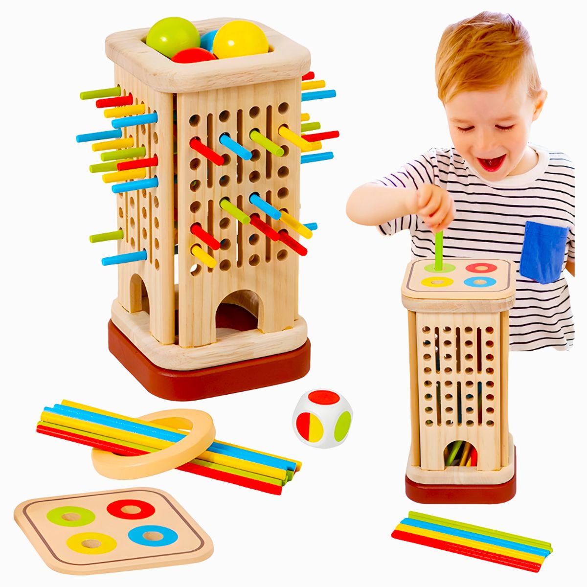 GENERICO - Juego de Habilidad Torre de Madera con Palitos de Colores 2 en 1