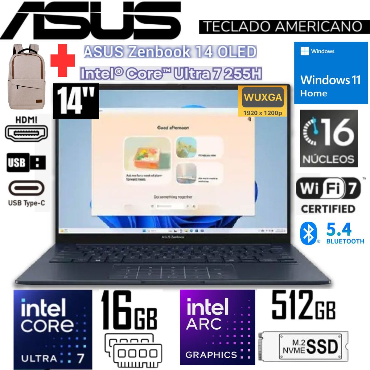 Laptop ASUS Zenbook 14 OLED Touch 14” WUXGA Intel Core Ultra 7 255H 16GB RAM 512GB + REGALO, marca ASUS - Foto Principal