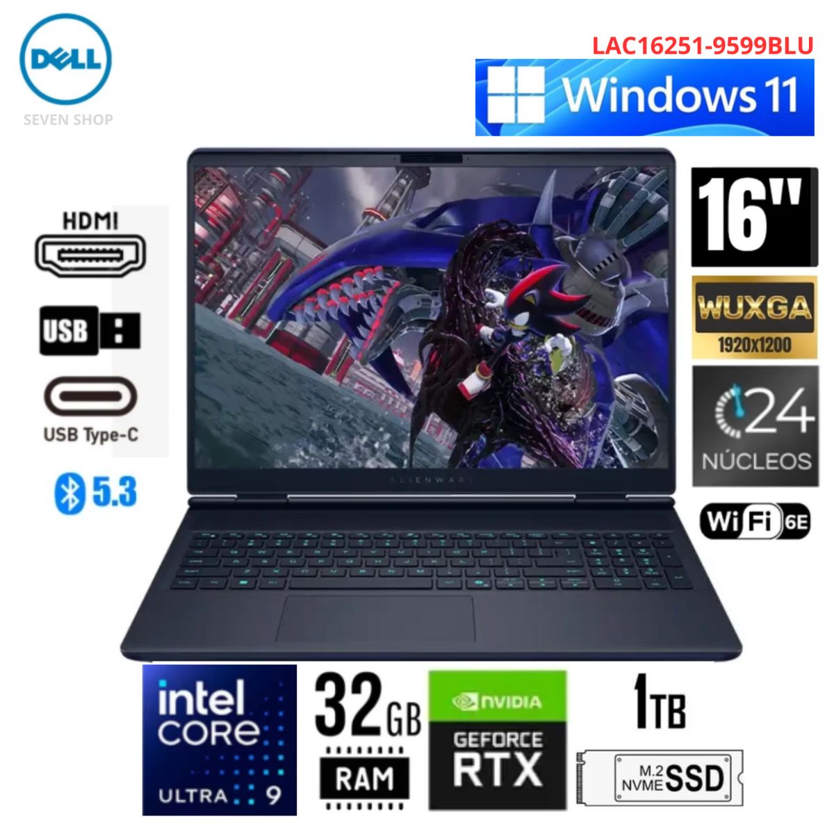 DELL - Laptop Dell Core Ultra 9 Alienware 16x Aurora Gaming  16"    240hz, Ram 32gb,1tb, Rtx 5060 8gb, Win11